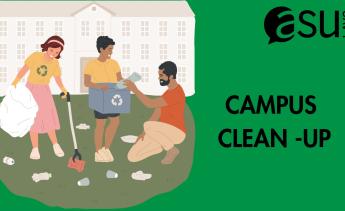 Green background with cartoon of 3 people picking up trash