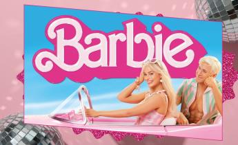 pink background barbie and ken driving in a pink convertible