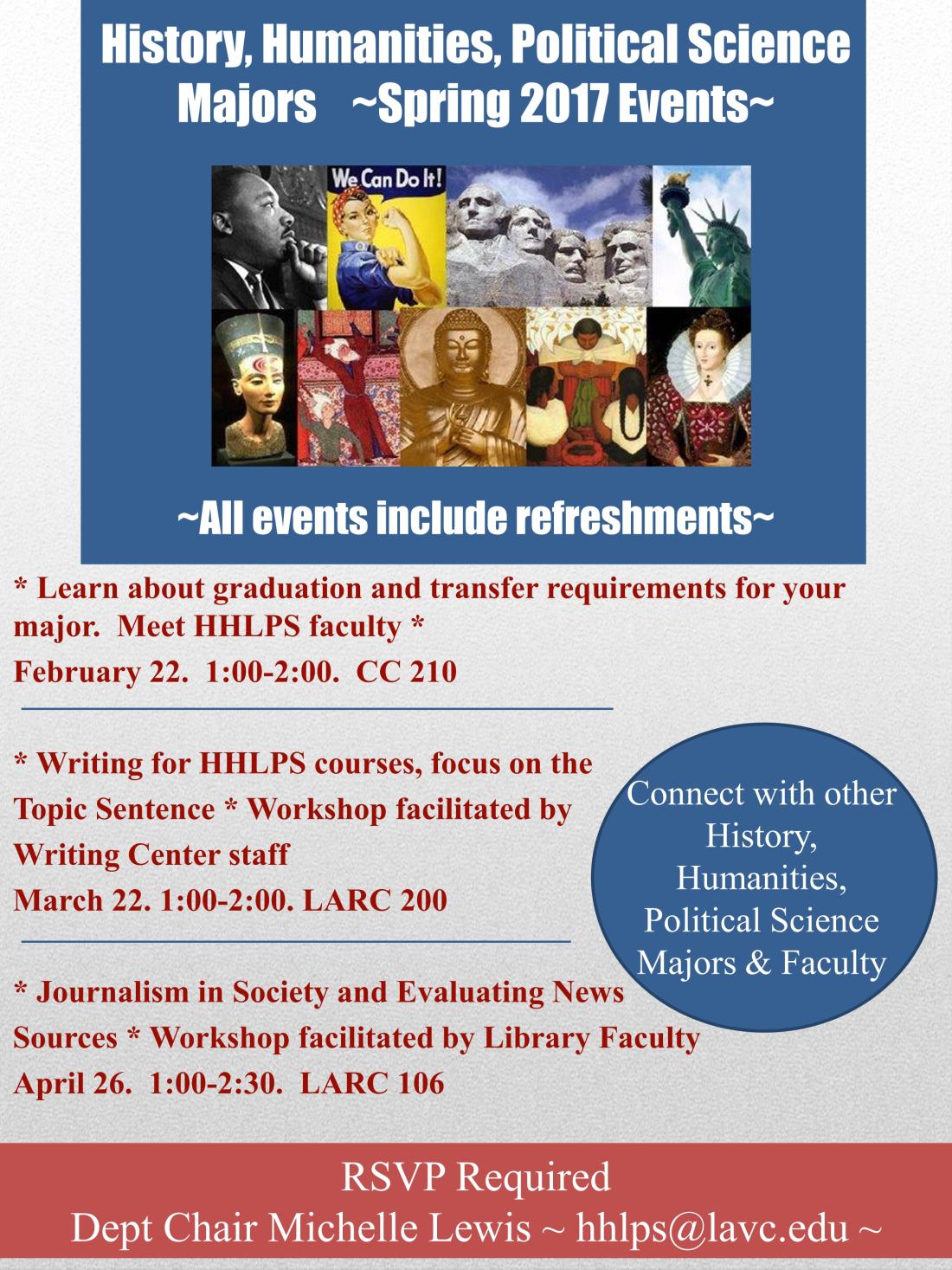 History, Humanities, Political Science Majors Spring Events Flyer