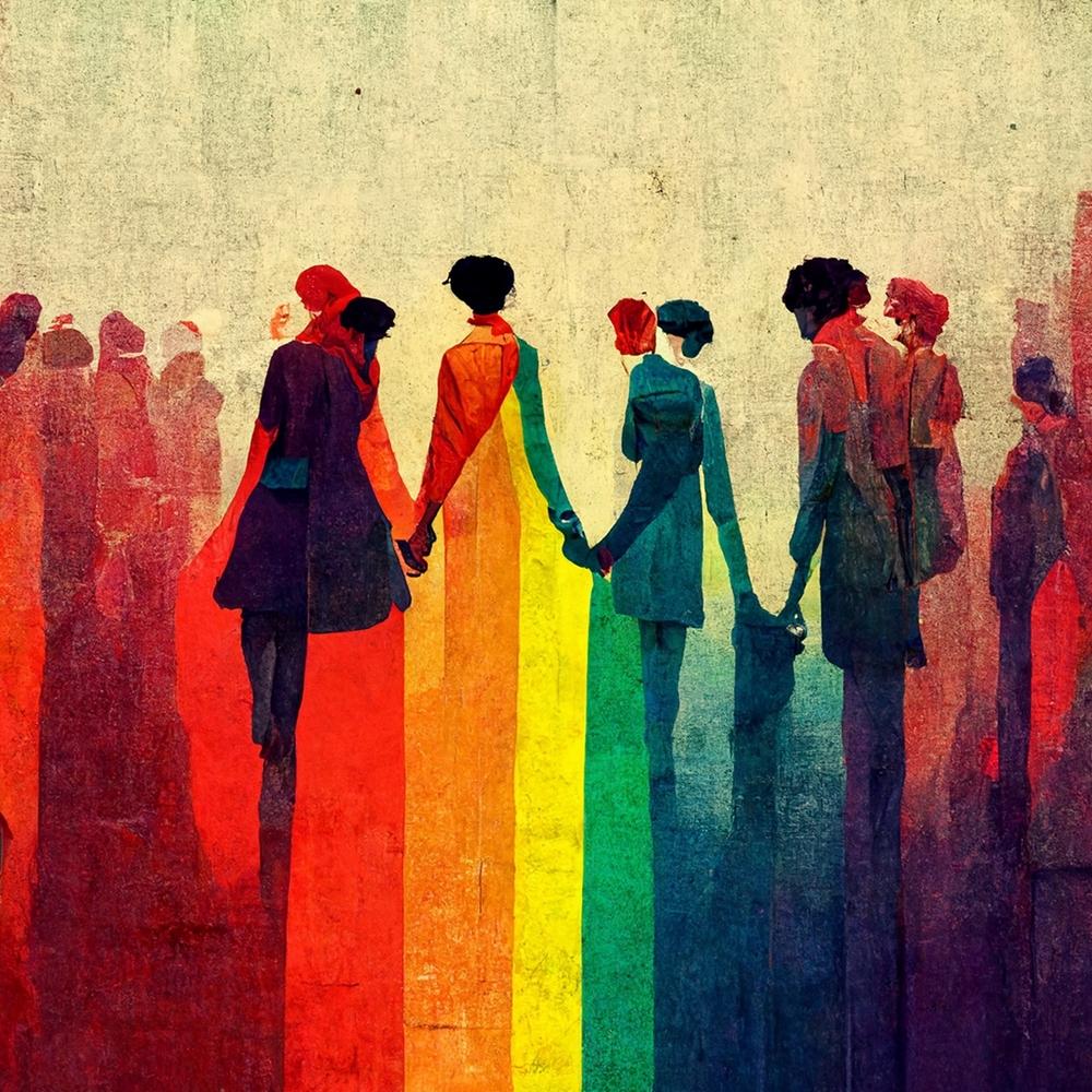 people holding hands in rainbow colors 