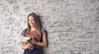 Girl with backpack holding textbooks in front of background with math symbols