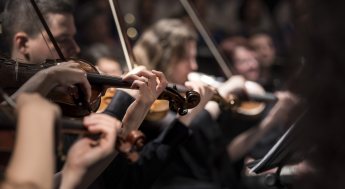 Musicians playing violins in an orchestra