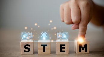 Block letters spelling out STEM with symbols representing Science, Technology, Engineering and Math and a finder pointing to the M block