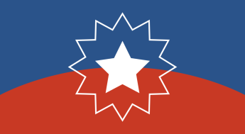 Juneteenth Flag with blue on top and red on bottom with a white star surrounded by a white starburst in the center of flag