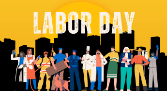 Labor Day with images of different types of workers in front of a city skyline