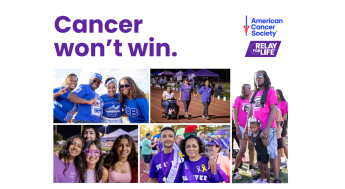 American Cancer Society Relay for Life photos of participants with the words "Cancer won't win"