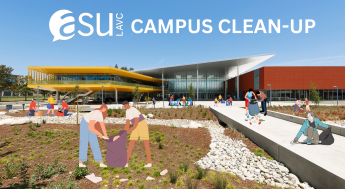 Student Union Building with blue sky and people cleaning