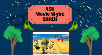 blue background with night sky and image of Shrek on a screen