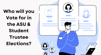 Blue and white graphic of man thinking oof who to select of 3 people with text that read who will you vote for in the ASU and Student Trustee Elections?