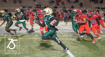 LAVC male football player running with ball & 75th Anniversary logo