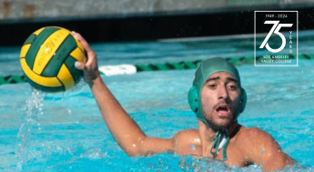 LAVC male water polo player with ball in hand & 75th Anniversary logo