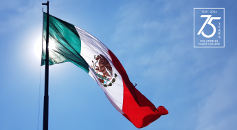 Mexican flag waving on a flagpole & LAVC 75th Anniversary Logo