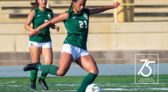 LAVC Soccer player kicking the ball & 75th anniversary logo