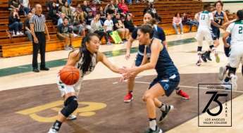 LAVC female basketball player with ball & 75th Anniversary logo