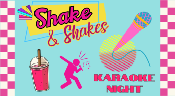 bright banner with a person singing, a microphone and a milkshake