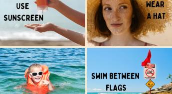 4 images sunscreen, woman in sun hat, child in life vest and beach