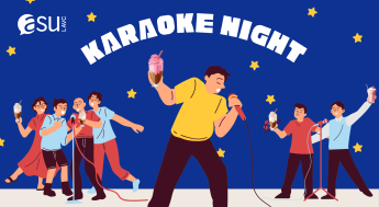 BLUE BAKCGROUND WITH YELLOW STARS  AND 2 GROUPS OF PEOPLE SINGING INTO A MICROPHONE AND A PERSON IN THE CENTER SOLO SINGING