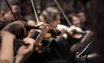 Musicians playing violins in an orchestra