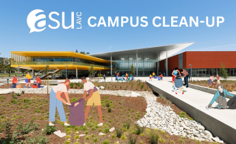 Student Union Building with blue sky and people cleaning