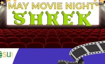 movie theatre with theltters shrek on a sceen
