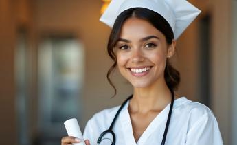 Female nursing graduate with white cap and diploma