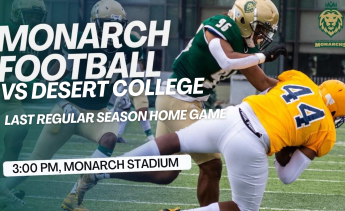 Monarchs football team competes against desert college, following the time of 3:00 pm.