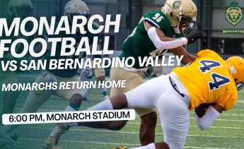 Monarch football team competes against San Bernardino Valley in an intense game on the field.