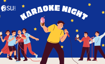 BLUE BAKCGROUND WITH YELLOW STARS  AND 2 GROUPS OF PEOPLE SINGING INTO A MICROPHONE AND A PERSON IN THE CENTER SOLO SINGING