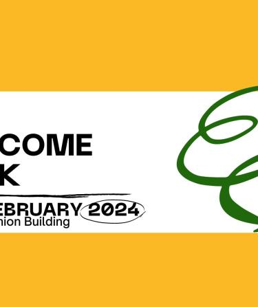 White and Yellow background with green swirl, black text 2024 welcome week 