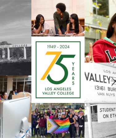 LA Valley College 75th Anniversary logo with historical photo collage