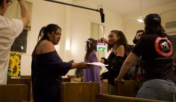 Cinema/Media Arts students rehearse before a shot