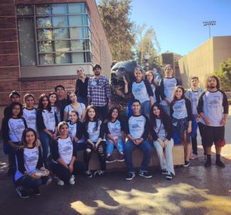 Student Group with Bear Statue
