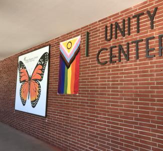 Pride flag displayed outside the Unity Center 