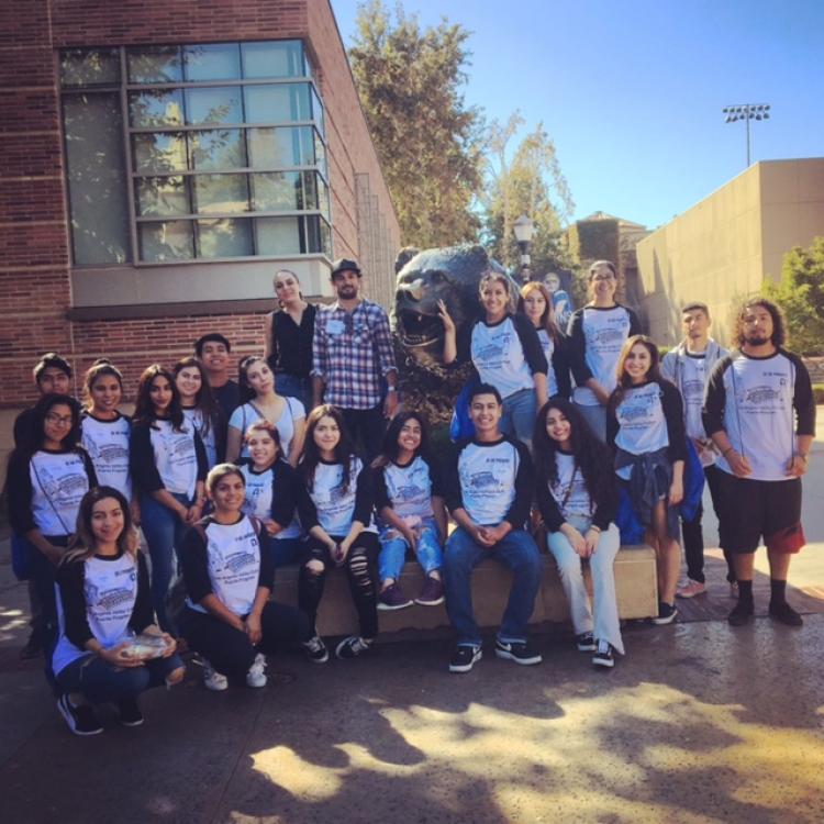 Student Group with Bear Statue