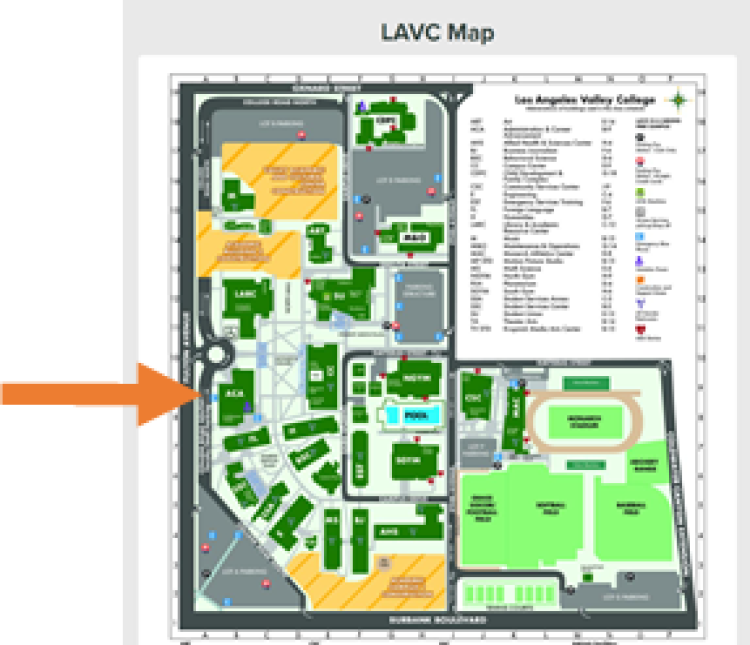 Map of LAVC with orange arrow pointing to ACA building. 