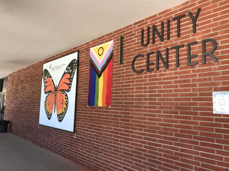 Pride flag displayed outside the Unity Center 