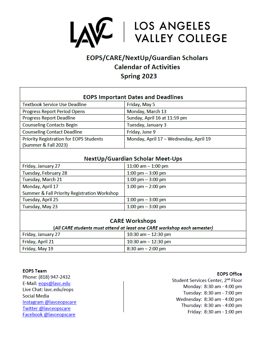 EOPS Spring 2023 Calendar of Activities