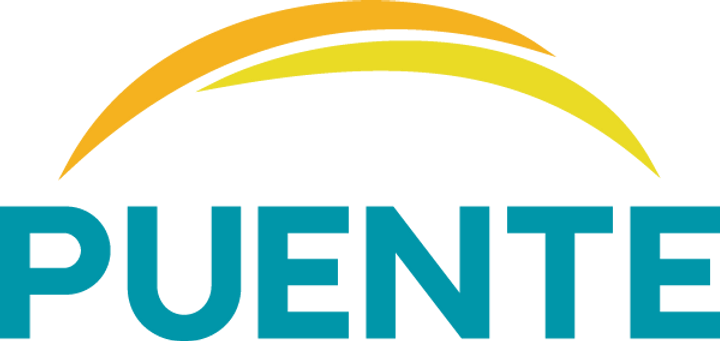 Puente logo with golden arches and teal bold letters.
