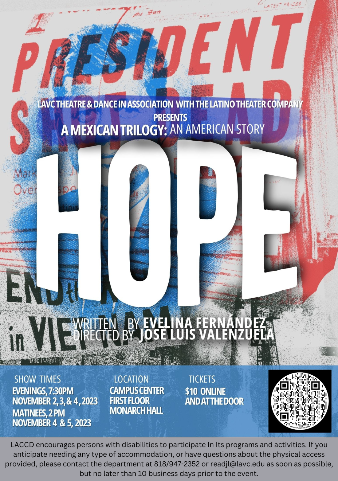Hope by Evelina Fernandez. Scan QR code to purchase tickets.