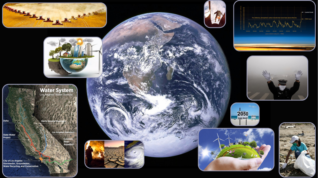 decorative image earth from space with smaller photos scattered about representing multiple themes of environmental science