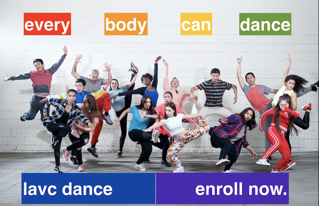 Group of Students in dance formation with the words "every body can dance - oval dance - enroll now"