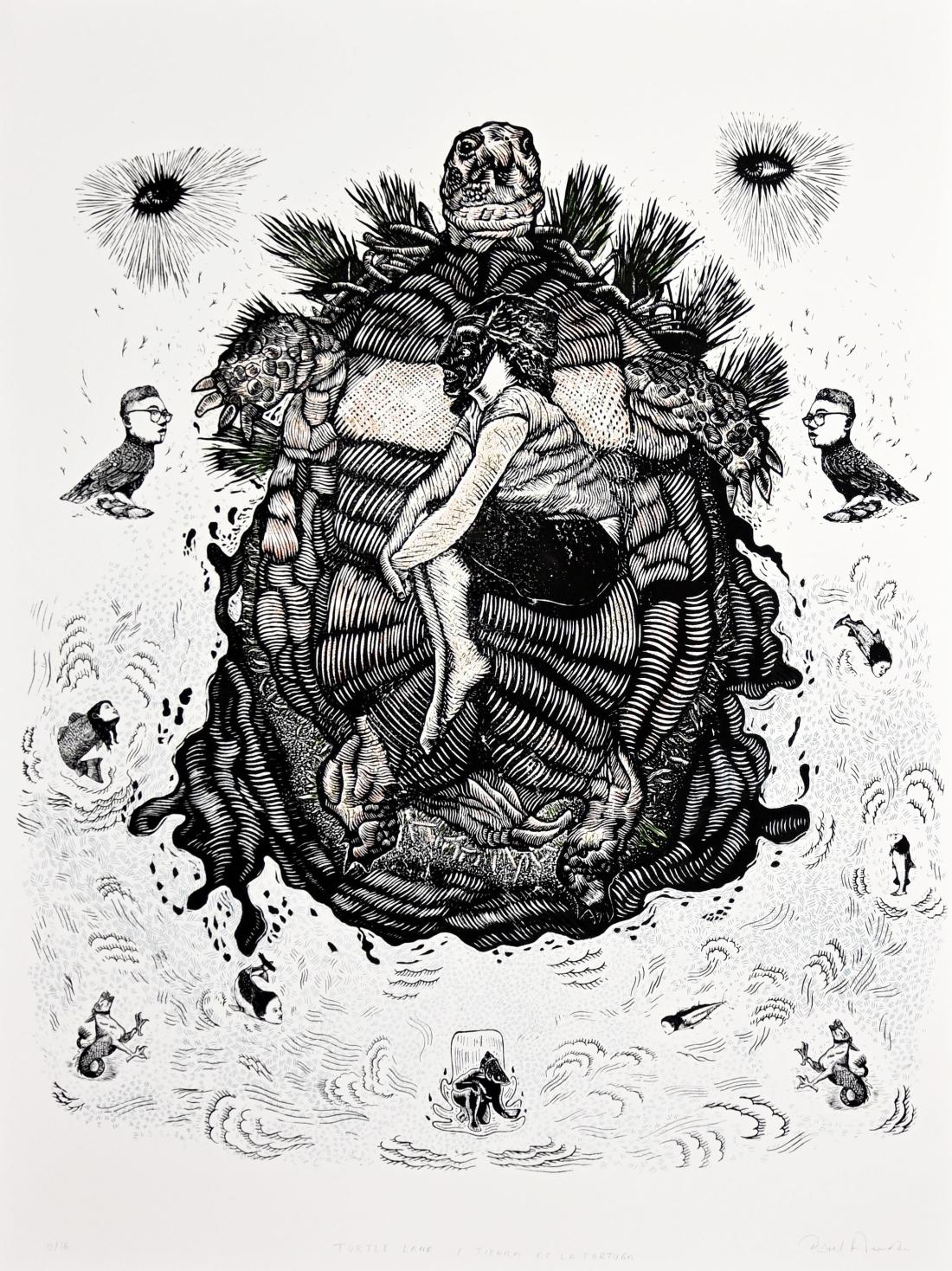 "Turtle Land" by Pável Acevedo, 2021, woodblock and screen print, 40"x30"
