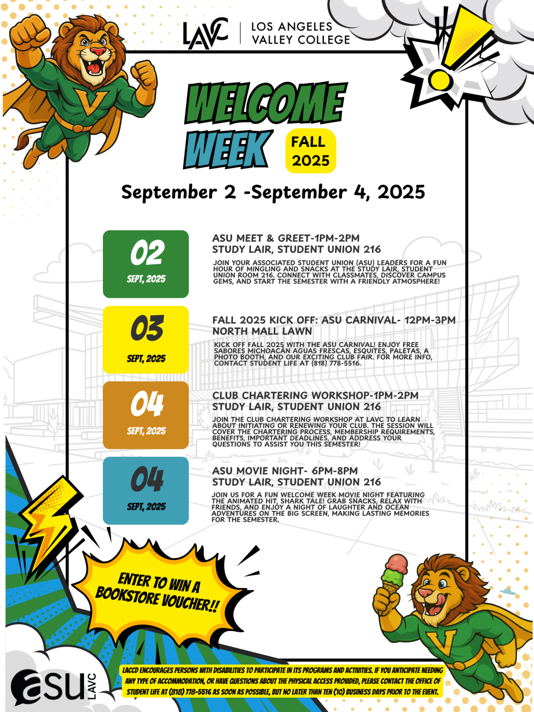 Image with two suoer hero lions in greeen and gold. letters that read welcome week and dates with descriptions.