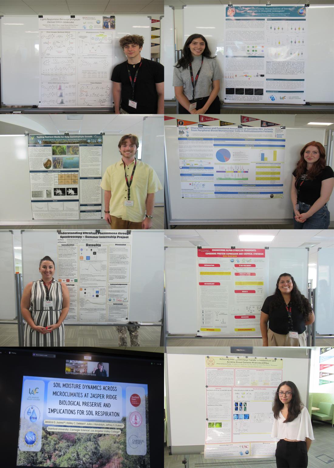 A collage of 8 pictures of students standing in front of their posters